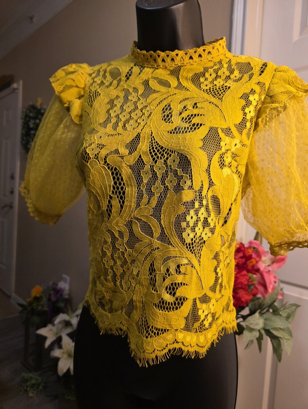 Bright Yellow Lace Puff-Sleeve Blouse - Women's Lace Top